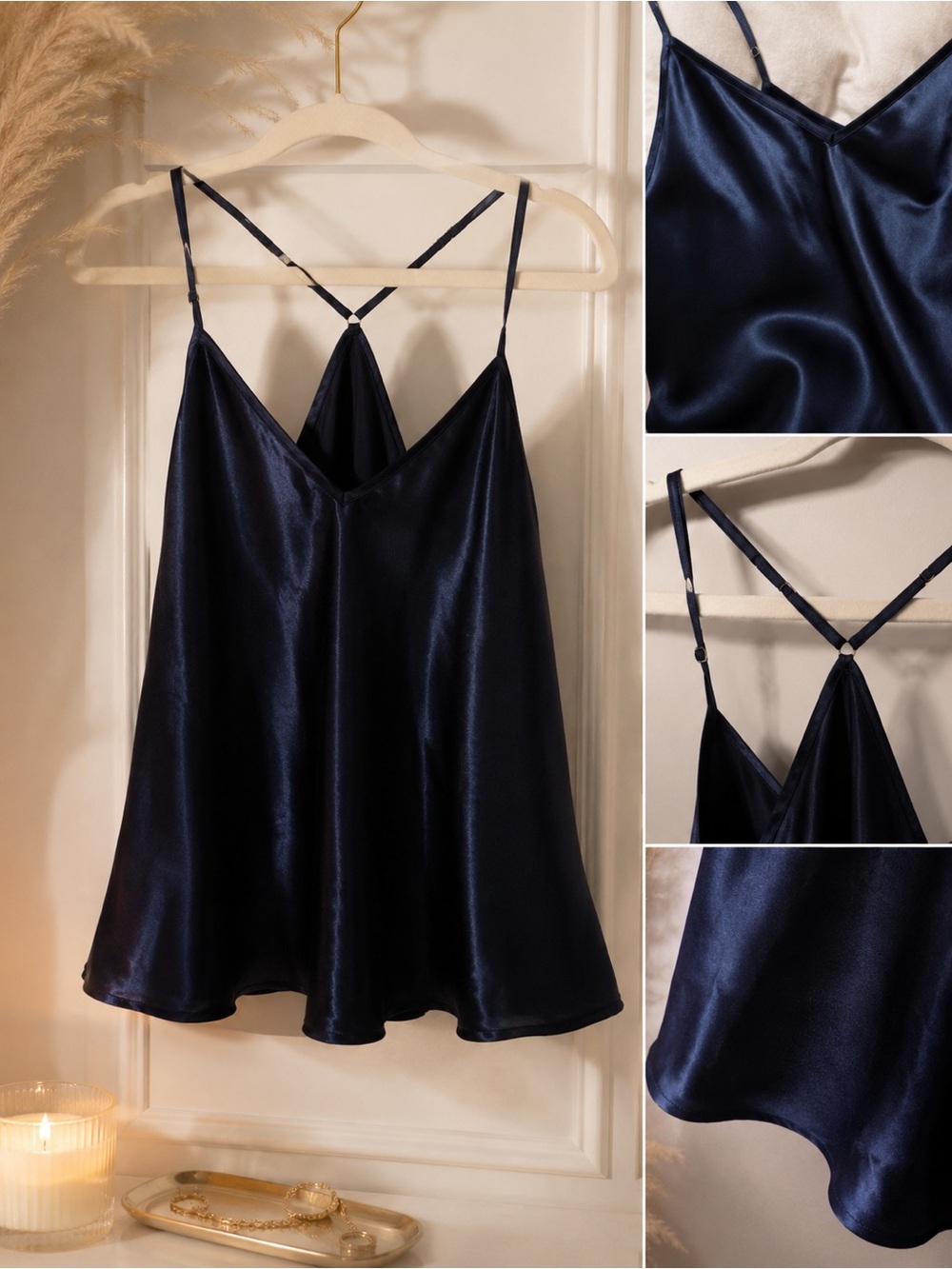 Navy Satin Slip Chemise with Adjustable Straps - Women Intimates